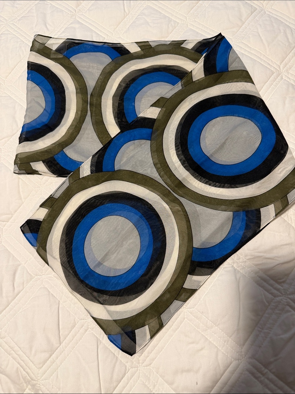 Geometric Circle Print Sheer Scarf in Blue and Olive